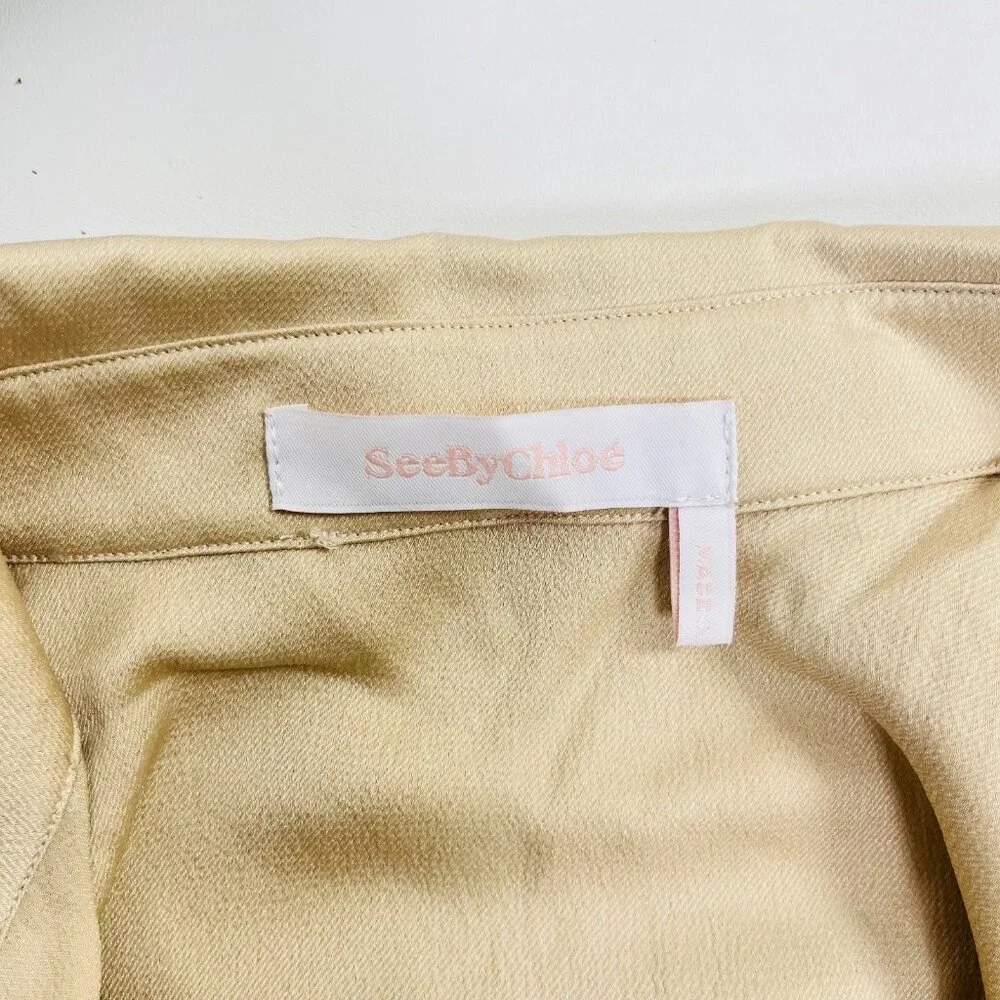 NWOT SEE BY CHLOÉ Tie-Neck Twill Blouse Khaki Size 38/6 Long Sleeves Ruffles - Picture 9 of 13